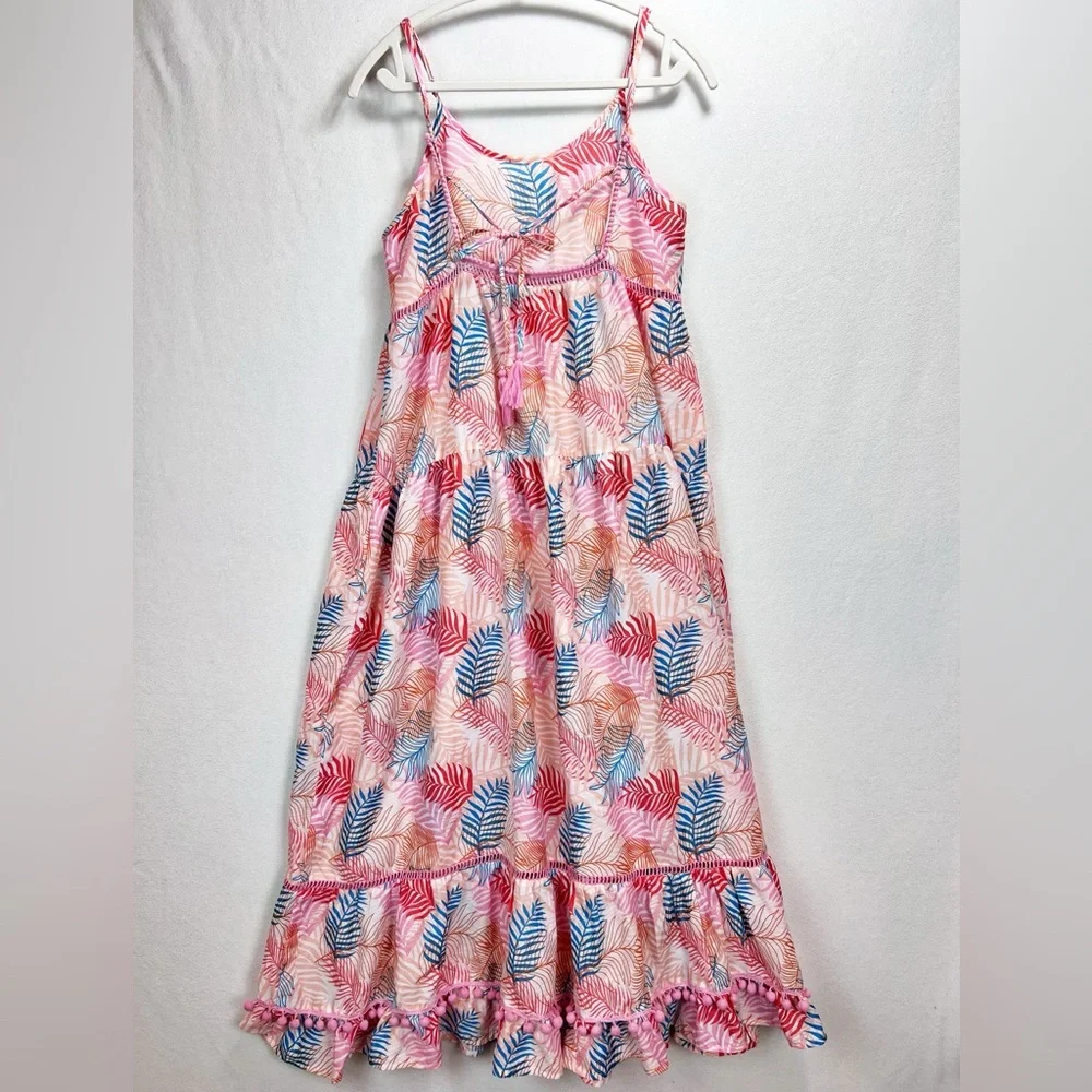 America And Beyond Pink Pompom Maxi Dress Size Large Palm Print Summer Vacation‎